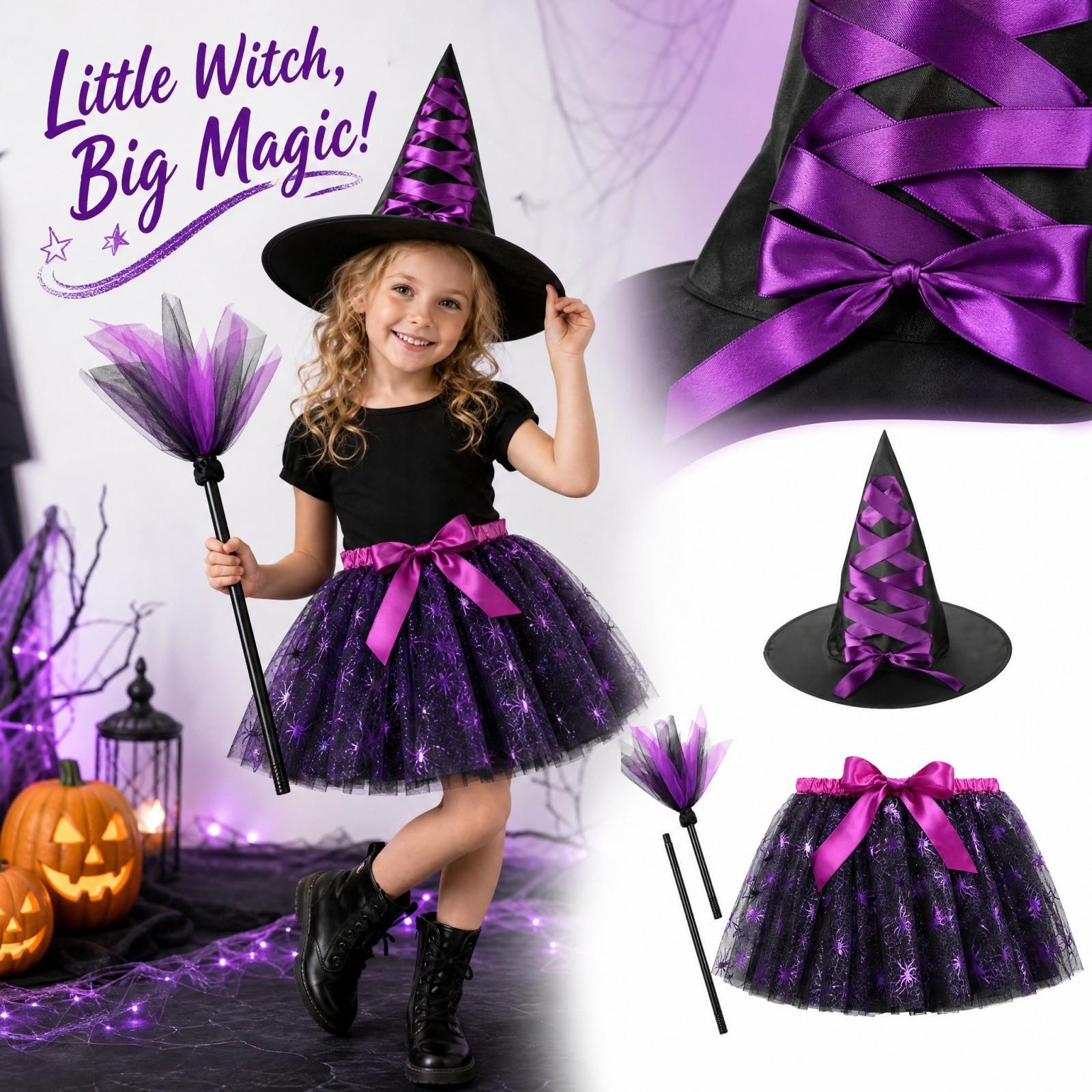 Mädchen Halloween Kostüm Set 3-teilig Kleid mit Kürbis und Print-Netz, Hexenhut und für Kostümparty 120 black