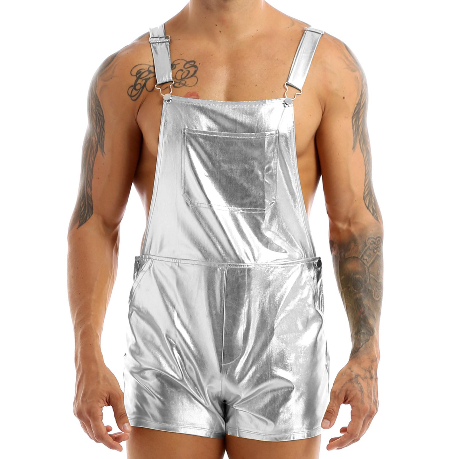 Glänzende metallische kurze Overalls für Herren, Trägershorts, lässige Strampler, Rave-Club-Kostüme L silber