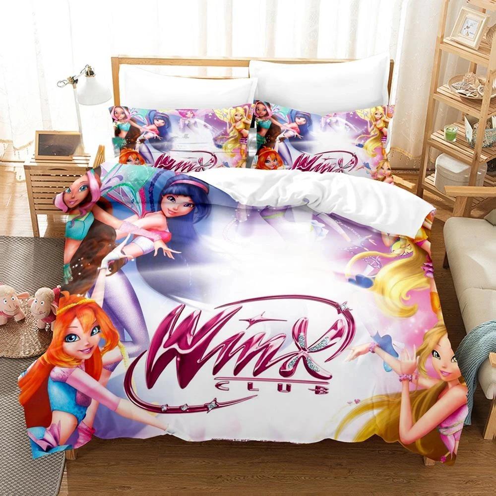 Winx Bettwäsche-Set, Einzelbett, Doppelbett, Queen-Size-Bett, King-Size-Bett, Bettbezug-Set für Erwachsene und Mädchen, Schlafzimmer, 3D-Druck, Anime, Kawaii AU Double 180x210cm