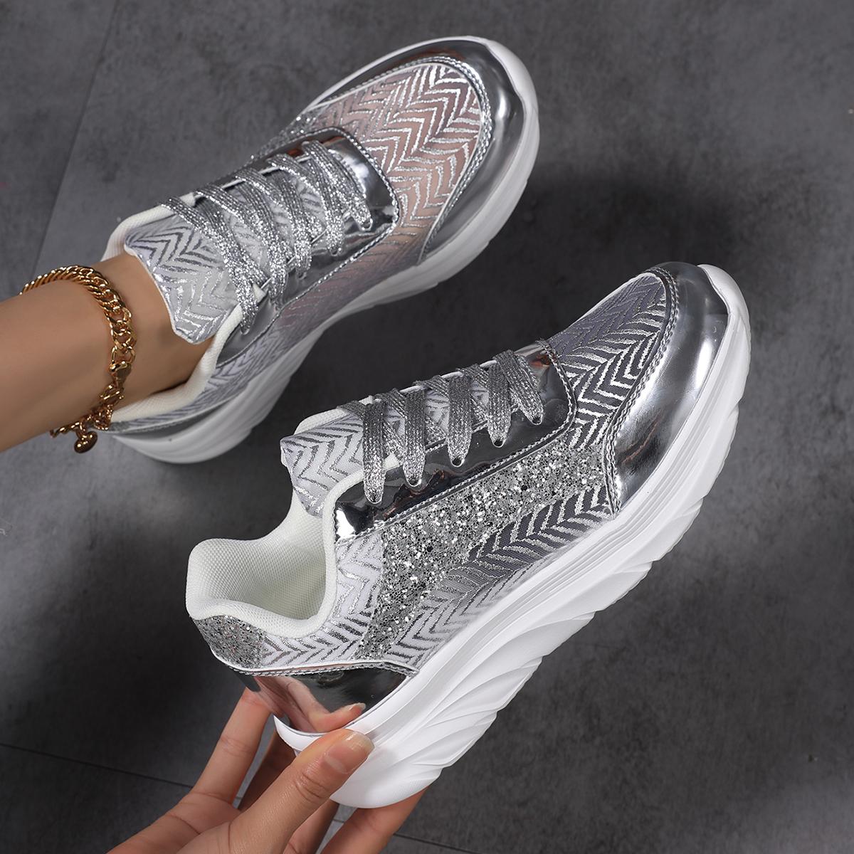 TUINANLE Mode Damenschuhe Bling Silber Schuhe Glänzende Sneakers Trend Casual Atmungsaktive Sneakers 39 silber