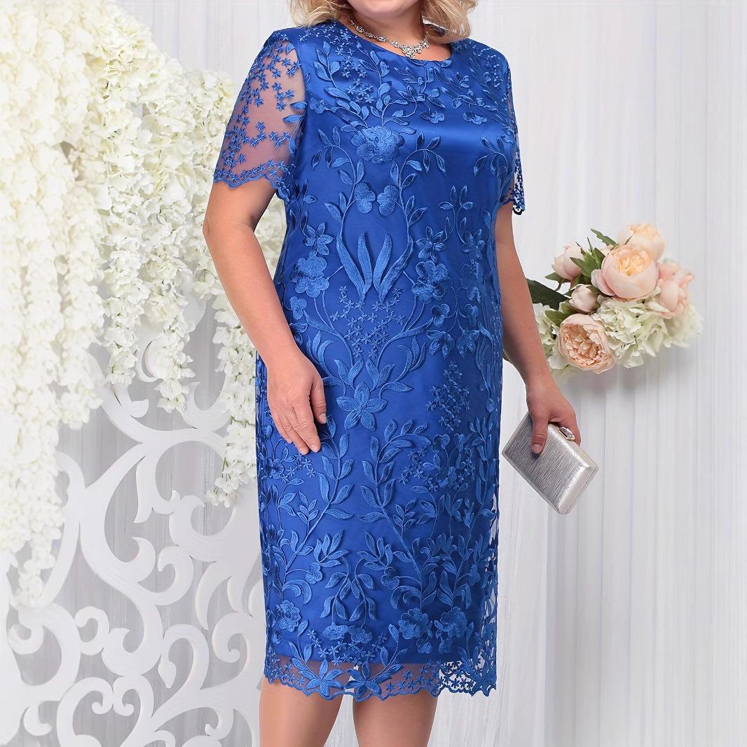 Sommerkleider in Übergröße für Hochzeitsgäste, Damen, kurzärmelig, Spitze, Blumenmuster, elegant, formelle Partykleider XXL blau