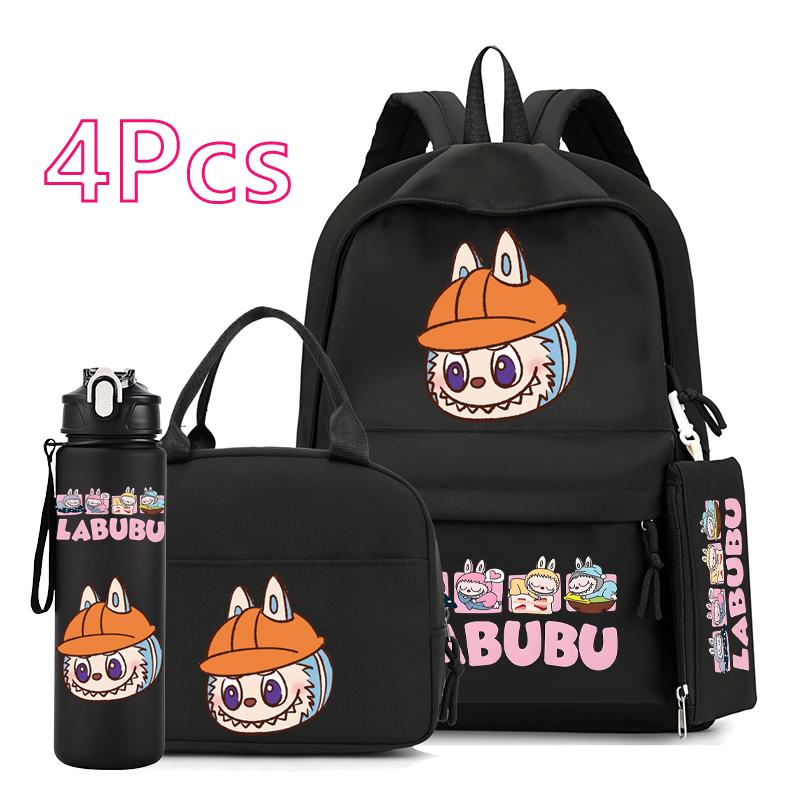 4-teiliges/Set Niedlicher Anime-bedruckter Rucksack 750 ml Outdoor-Sport-Wasserflasche Mädchen Junge Teenager Schüler Schultasche Kind Kind Große Kapazität Bücherrucksack