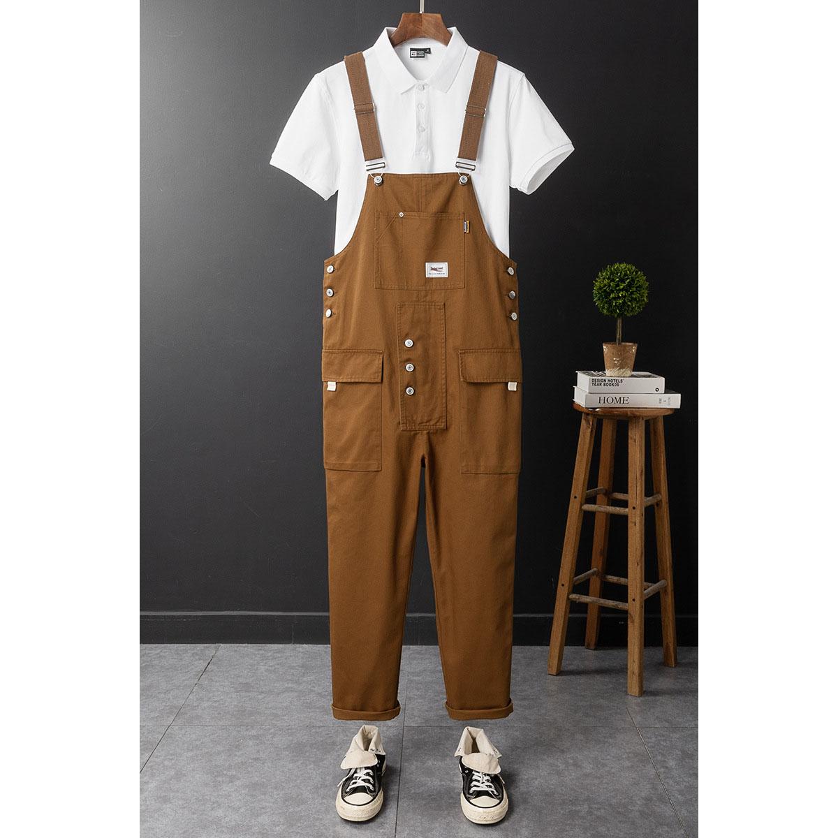 Mode für Männer Jumpsuit Latzhose Einfarbig Jogger Taschen Streetwear Lose Baumwollriemen Hosenträger Herren Cargo Overalls Strampler XXXL kaffeebraun