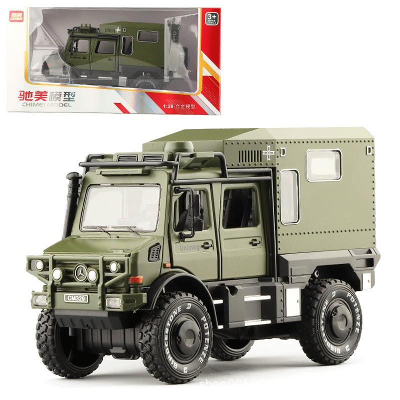 Benz Unimog-Modellauto aus Legierung im Maßstab 1/32 mit Ton und Licht, Automodell mit Rückzugfunktion für Kinderspielzeug, Partygeschenke, Sammlerstück 1/32-Size:18.8*6.7*10.5cm armee grüne