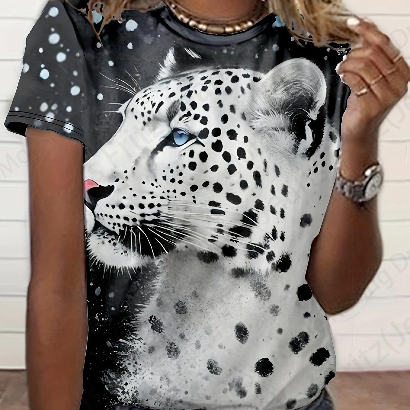 Damen T-Shirt 3D Leopardenmuster Print Rundhals T-Shirt Damenmode T-Shirt Tier T-Shirts Harajuku Tops Tees Damen Kleidung 4XL