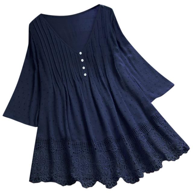 Frauen Mode Vintage Spitze Aushöhlen V-ausschnitt Plus Größe Blusen Top Kurzarm Shirts Weibliche Plus Größe Tunika M blau
