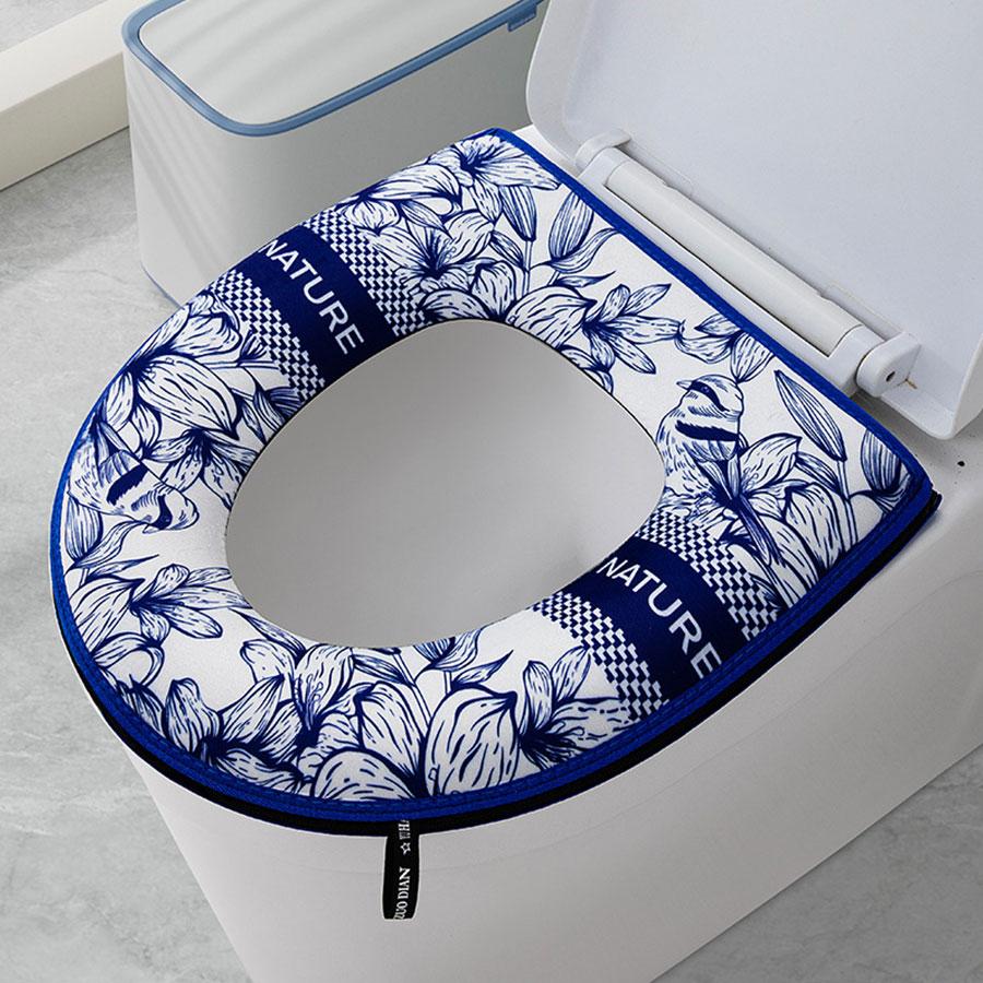 1 Stück Verdickter Toilettensitz-Reißverschluss-Toilettenbezug, Cartoon-Design, universeller wasserdichter Toilettenbezug, einfaches universelles wasserdichtes Toilettensitzpolster, Toilettenheizkissen blau