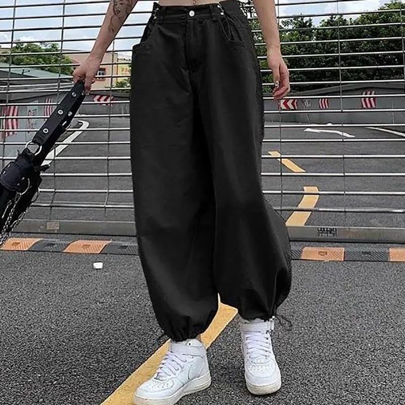 Lose Cargo Hosen Frauen Hip Hop Stil Hosen Hohe Taille Knöchel-Länge Hosen Streetwear Weibliche Overalls L schwarz
