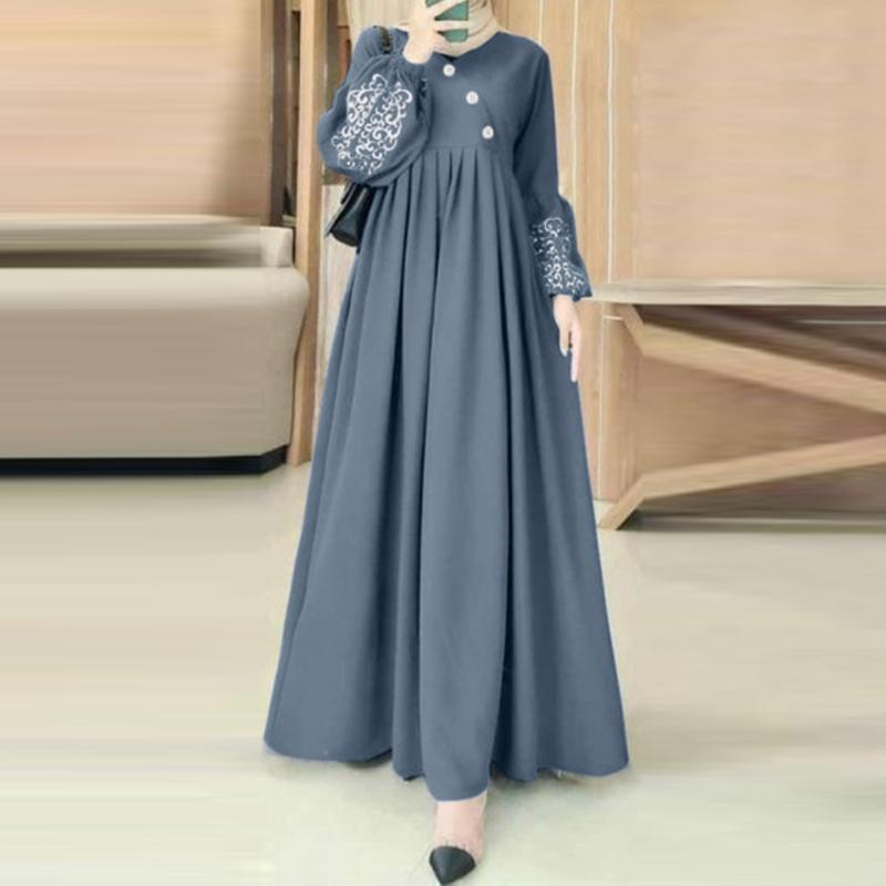 ZANZEA Damen Print Patchwork Elastische Bündchen Laternenärmel Lässiges Langes Kleid S blau