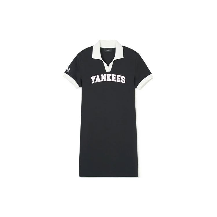 New York Yankees Farbblock Buchstabenprint Lässiges Polokragen Amerikanischer Vintage College-Stil Kurzarmkleid Damenkleider Schwarz 3FOPV0143-50BKS XS white