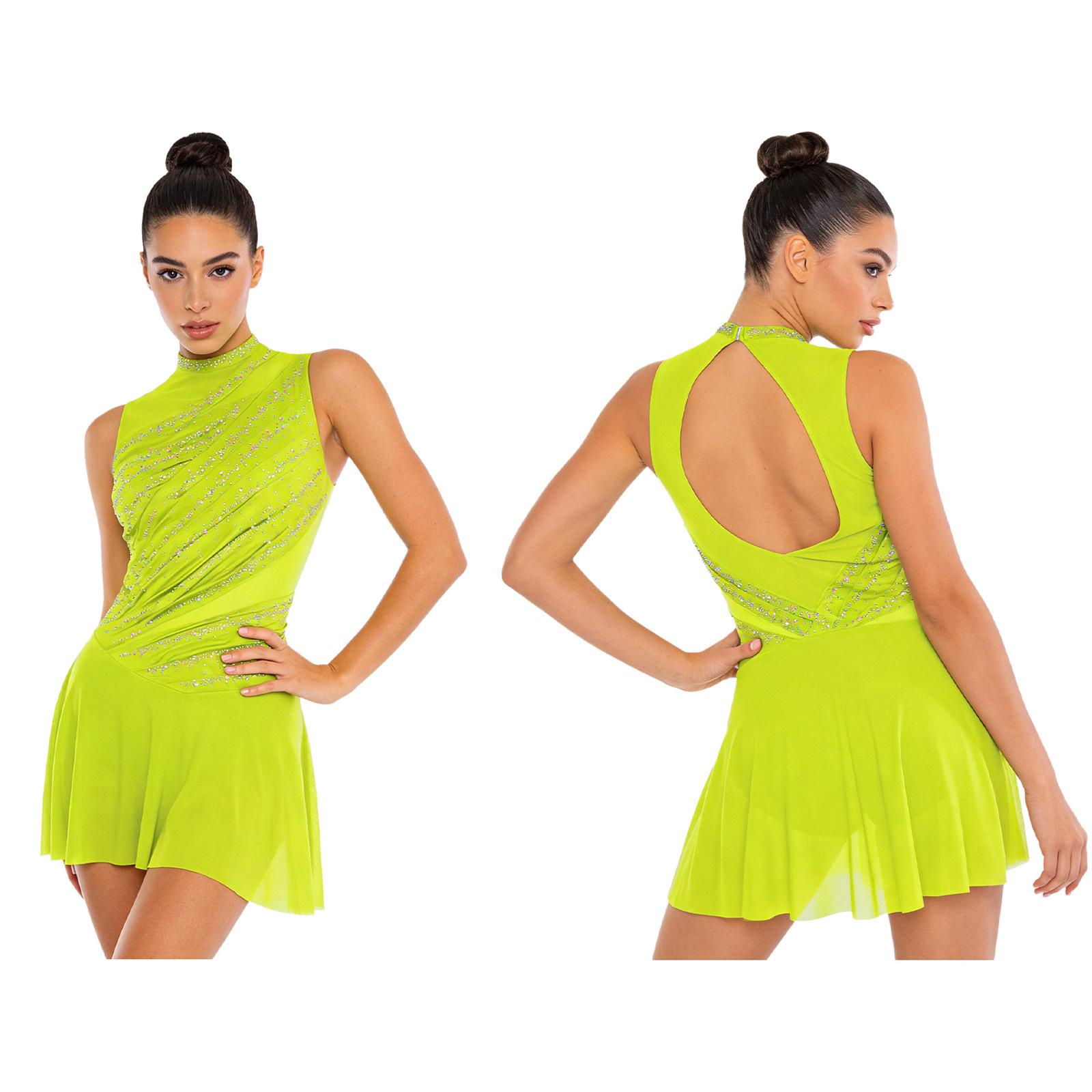 Damen Gymnastik Ballett Lyrischer Tanz Turnanzug Kleid Strassverziertes Mesh Rock Kleid Modernes Zeitgenössisches Tanzkostüm XL fluoreszierende gelbe