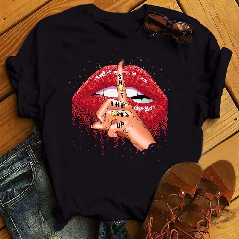 Frauen Sommer Kurzarm T-shirts Mode Roten Lippen Finger Print Damen T-shirts Top Cartoon Frauen Graphic Tees T-Shirts 4XL red