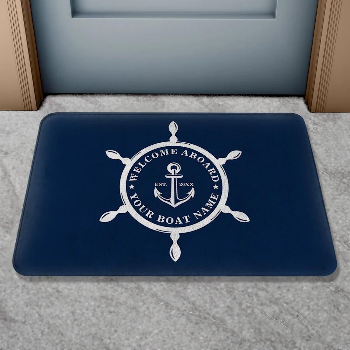 Fußmatte Bootsname Personalisiert Nautisch Anker Kompass Steuerrad Seil Rutschfeste Badematte Yacht Dekor Innen Außen Willkommen Ru 60cm x 90cm