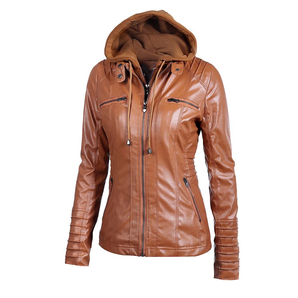 MakeWishes Plus Größe S-7XL Frauen Leder PU Mit Kapuze Zipper Motorrad Biker Jacke Mäntel Herbst Winter Warme Mantel 7XL braun