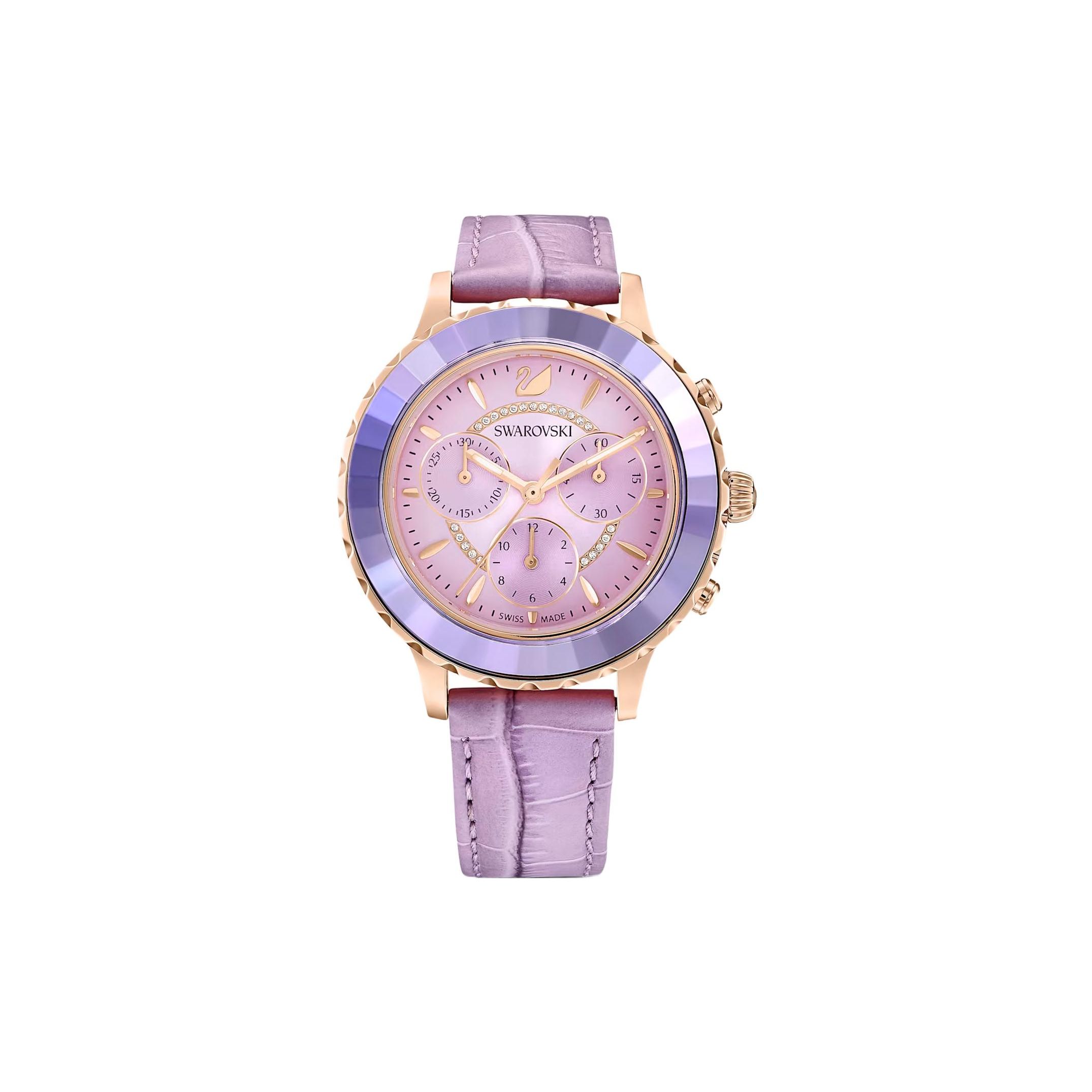 Swarovski Octea Lux Chrono Uhr Quarzwerk Lederarmband Lila Zifferblatt Damenuhren 5632263 Purple Strap gray