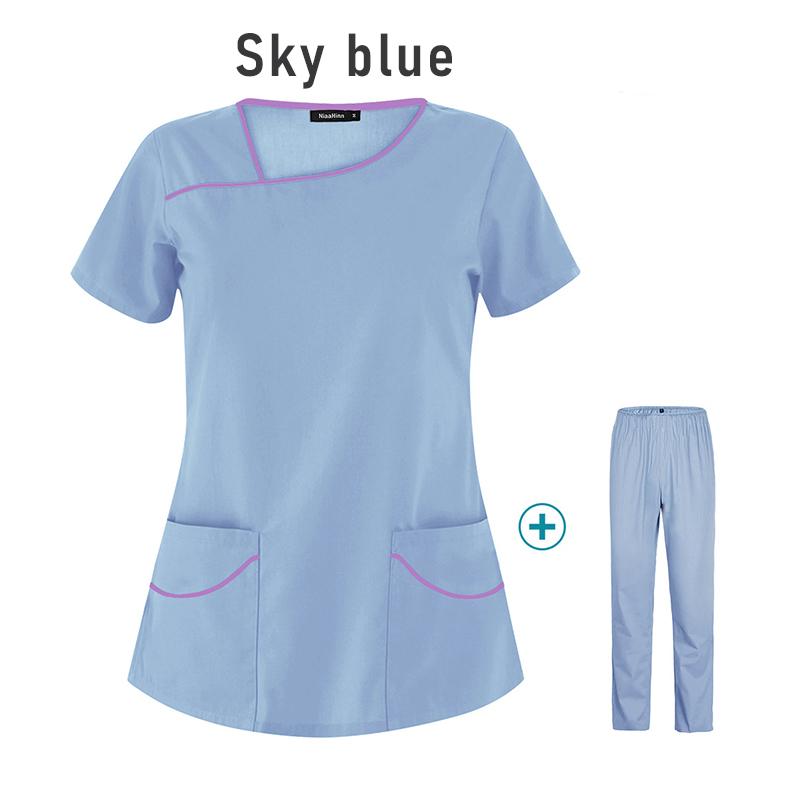 Krankenpflege-Bekleidung für Damen, Uniformen, Haustierpflege-Bekleidungsset, kurzärmeliges Oberteil mit V-Ausschnitt und Hose, Arztanzüge, medizinische Chirurgie, Arbeitskleidung XL himmelblaue