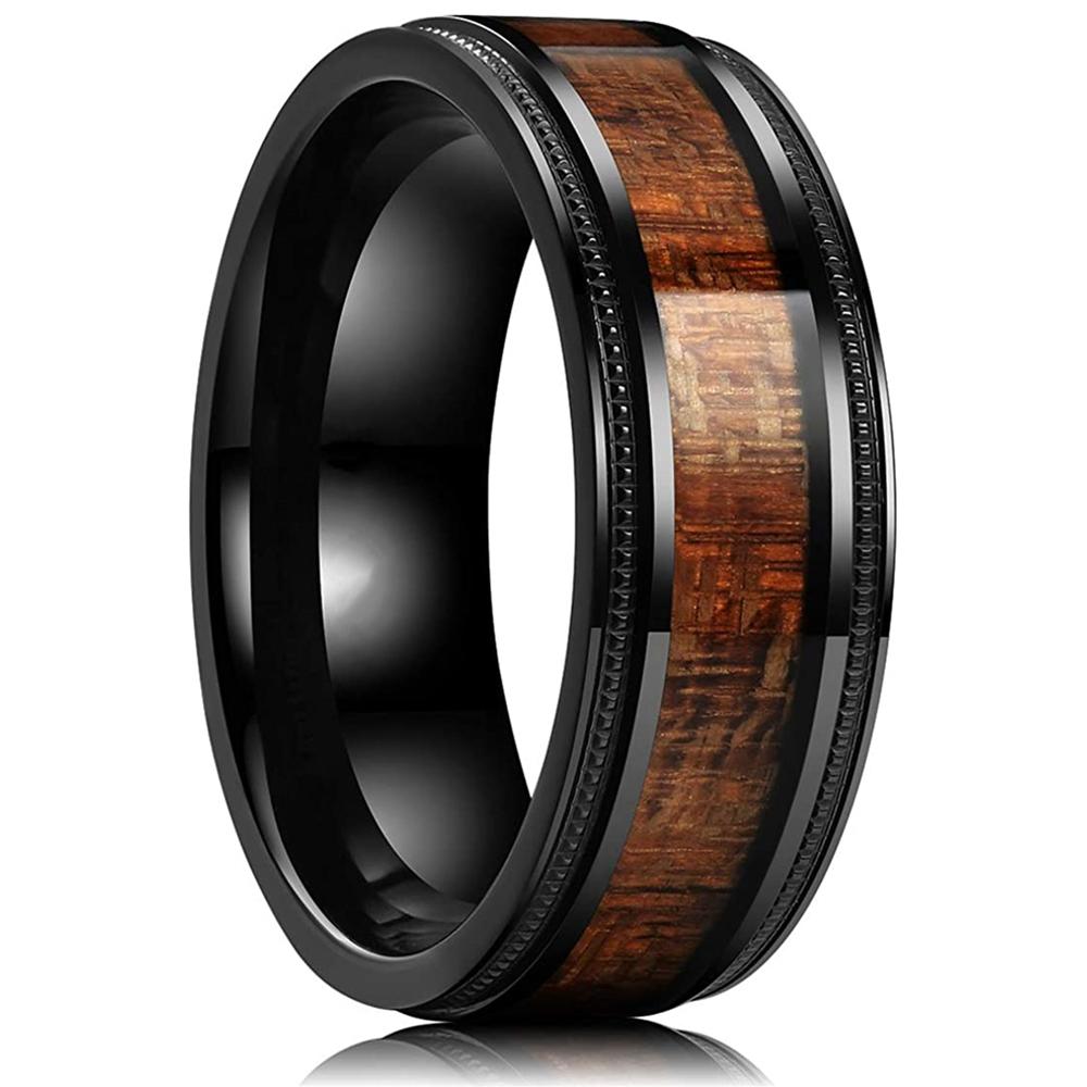 Mode 8MM Schwarze Edelstahlringe Für Männer Frauen Gewölbte Koa-Holz Einlage Herrenringe Hochzeit Verlobung Schmuck Geschenk 12 gray