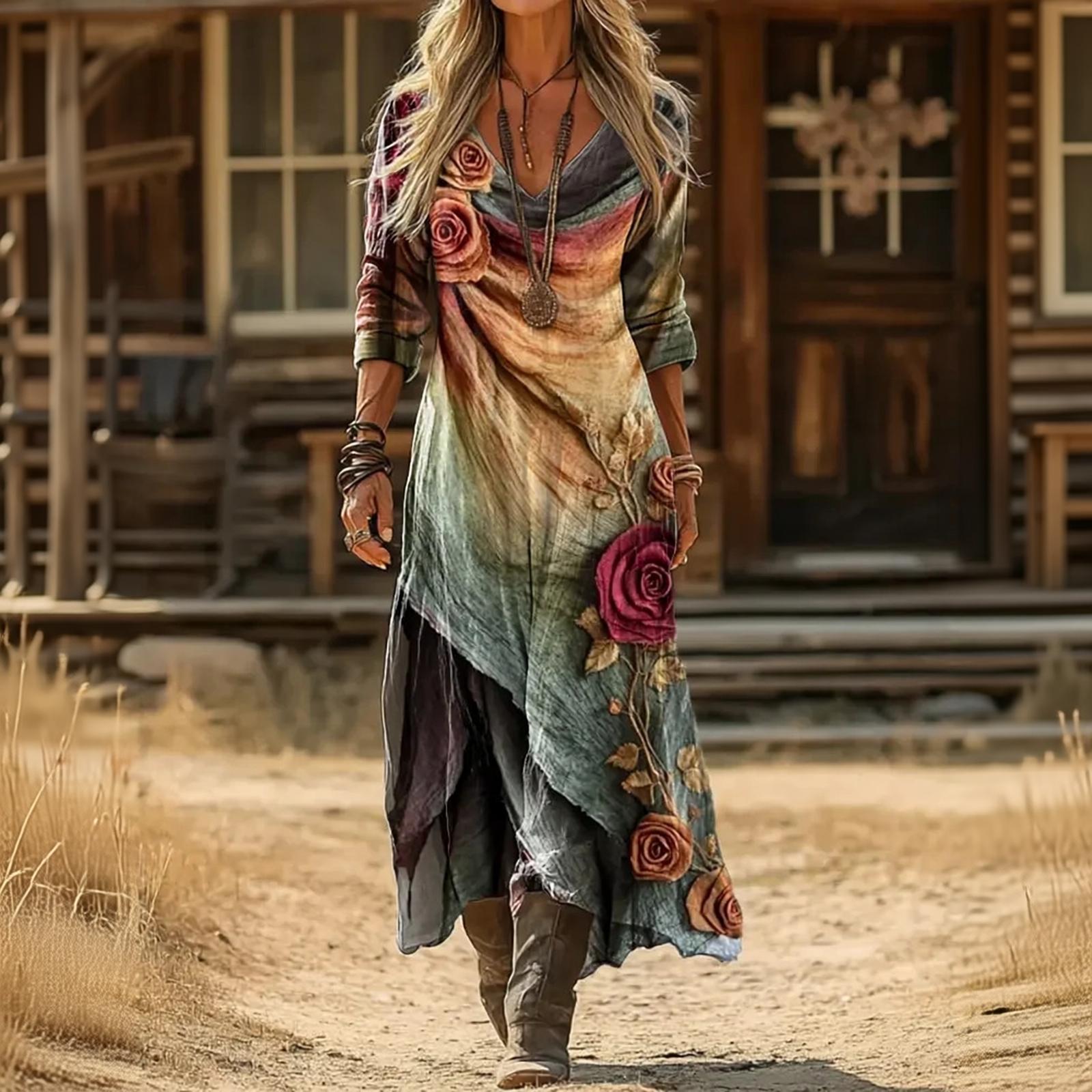 Damen Vintage Ethno Blumenmuster Langarmkleid Bohemian Urlaubs Strand Maxikleid mit V-Ausschnitt und Lockerer Passform M heißes rosa