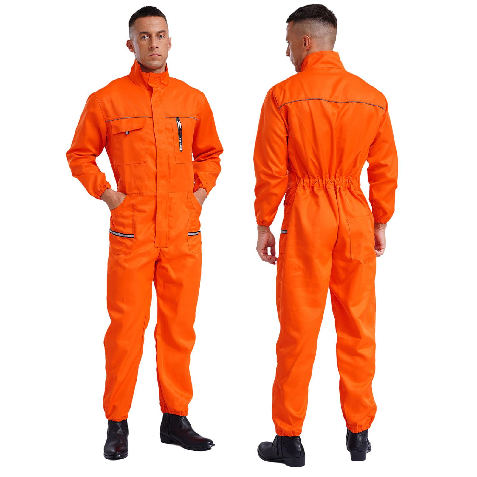 Unisex Robuster Overall Stehkragen Langarm Mehrere Taschen Reflektierende Streifen Ganzkörper-Overall Arbeitsuniform 175/XL orange