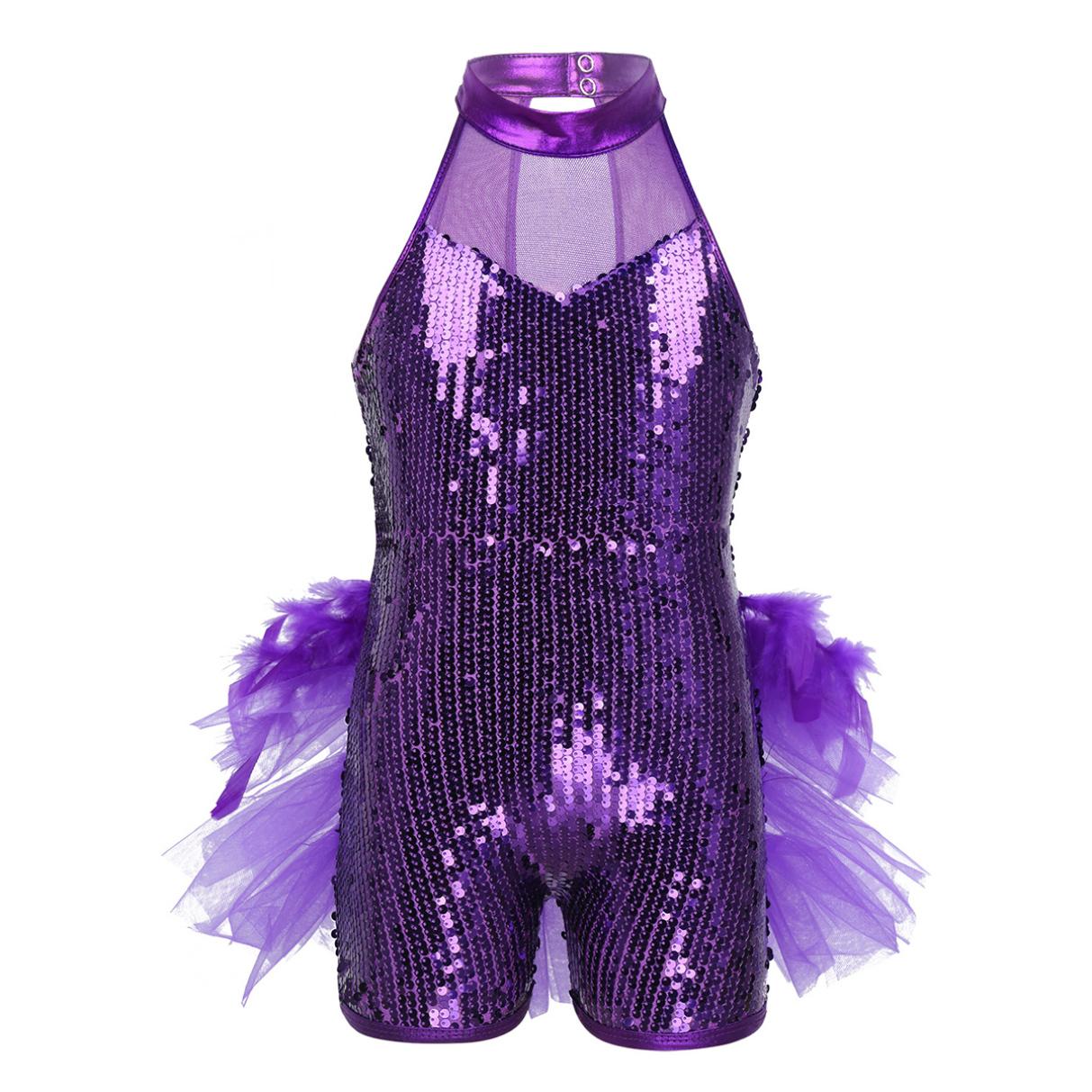 Mädchen Pailletten Jazz Latin Ballett Tanz Kostüm Trikot Overall Kinder Ärmellose Mock Neck Glänzende Tanz Kleid Kostüme 9-10 Years violett
