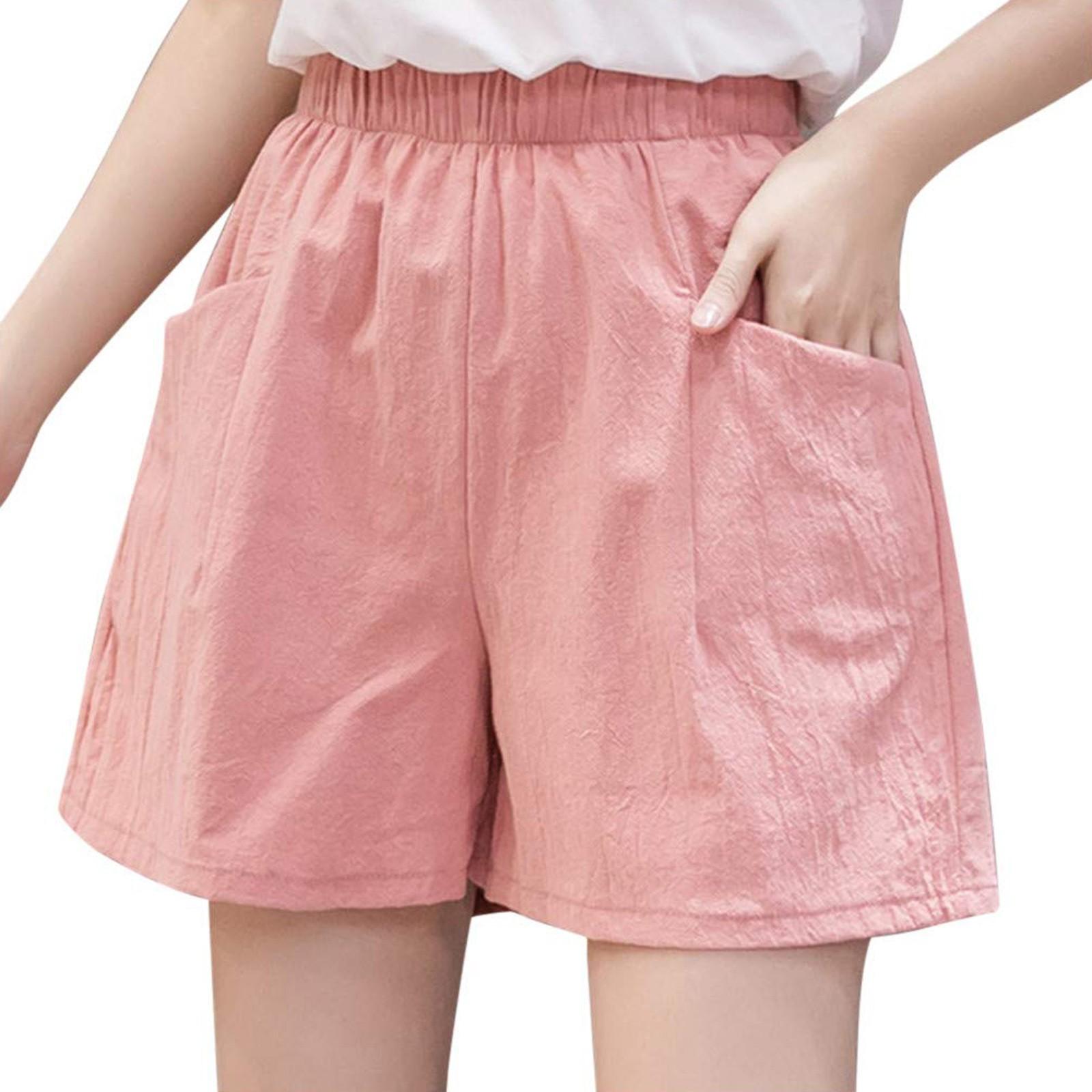 Damen-Shorts, hohe Taille, Kordelzug, knielange Shorts, elastische, bequeme Shorts mit Taschen XL rosa