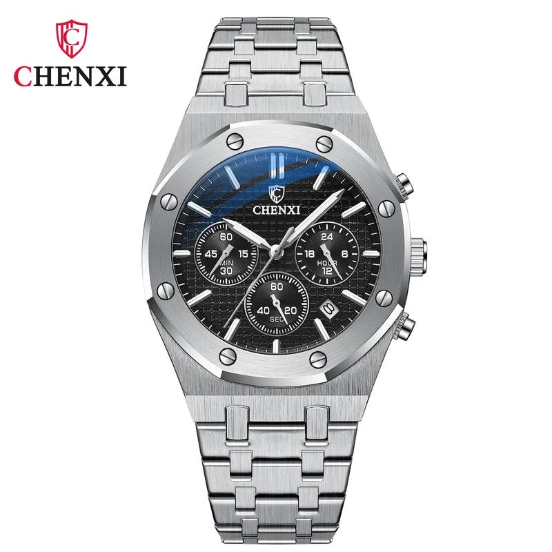 CHENXI Top Luxusmarke Automatisches Datum Armbanduhr Herren Sport Wasserdicht Multifunktions-Chronograph Edelstahl Armbanduhren silber/schwarz