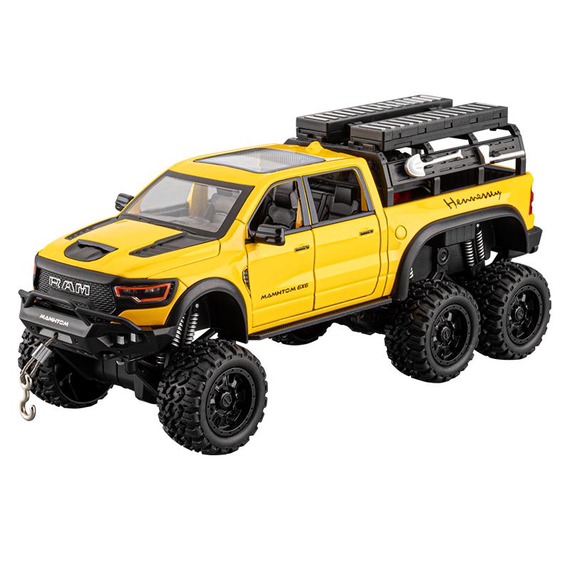 1/24 Dodge Mammoth RAM 1000 TRX 6x6 Pickup Metalllegierung Druckguss Modellauto mit Sound, Licht, Rückziehmechanismus, hohe Detailtreue, Sammlerstück gelb
