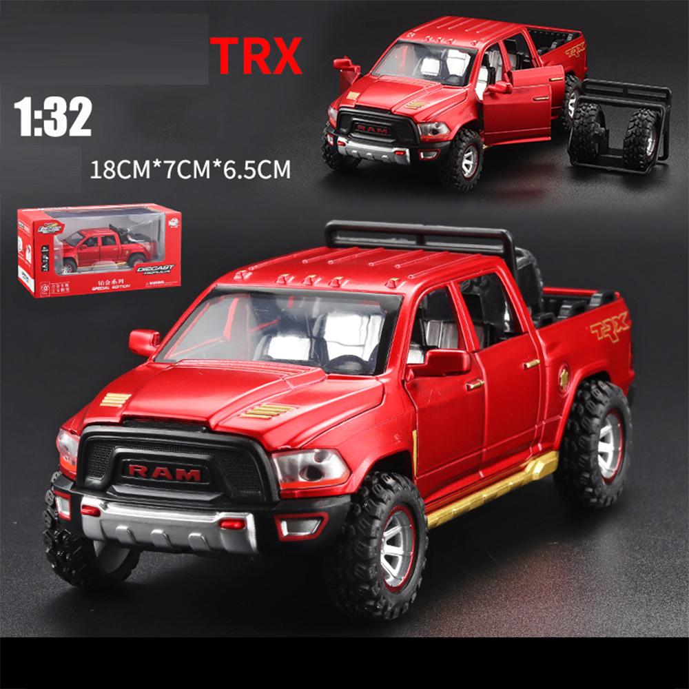 1/32 Dodge Spielzeug-Trucks für Jungen, RAM TRX 1500 Pickup-Truck-Spielzeug aus Druckgussmetall mit Licht und Sound, Auto-Spielzeug mit Rückziehfunktion für Kleinkinder 1/32-Size:18*7*6.5cm rot