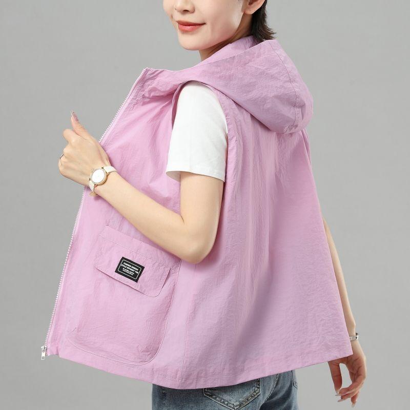 Damen Weste mit Kapuze, sonnenfest, Frühling/Sommer, lässig, ärmellos, dünn, kurze Jacken, Damen-Oberteile, Oberbekleidung XL rosa