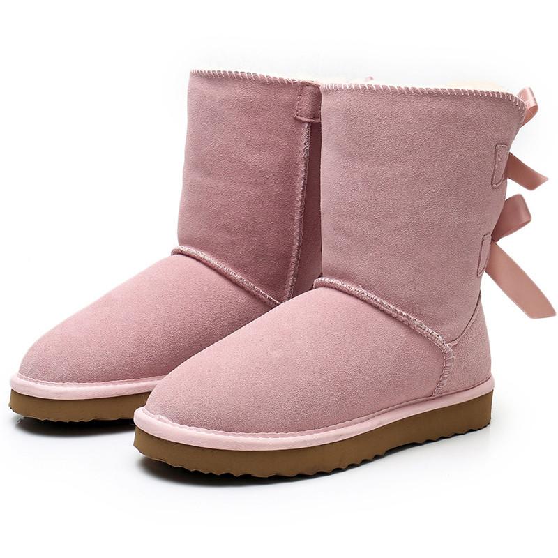 Echtes Leder Damen Schneestiefel Warme Winterstiefel Damenstiefel Warme Winterschuhe Dicke Plüsch Flats Schuhe 37 rosa