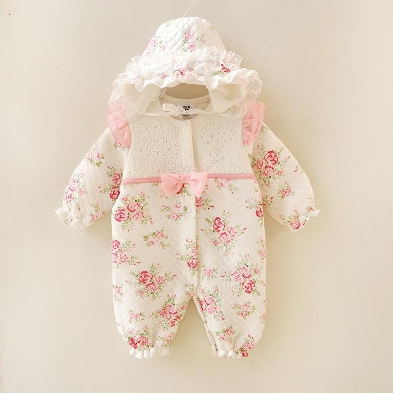 Winter Neugeborenen Baby Mädchen Kleidung Verdickt Floral Prinzessin Overall Kleidung Sets Strampler + Hüte 3-6m beige