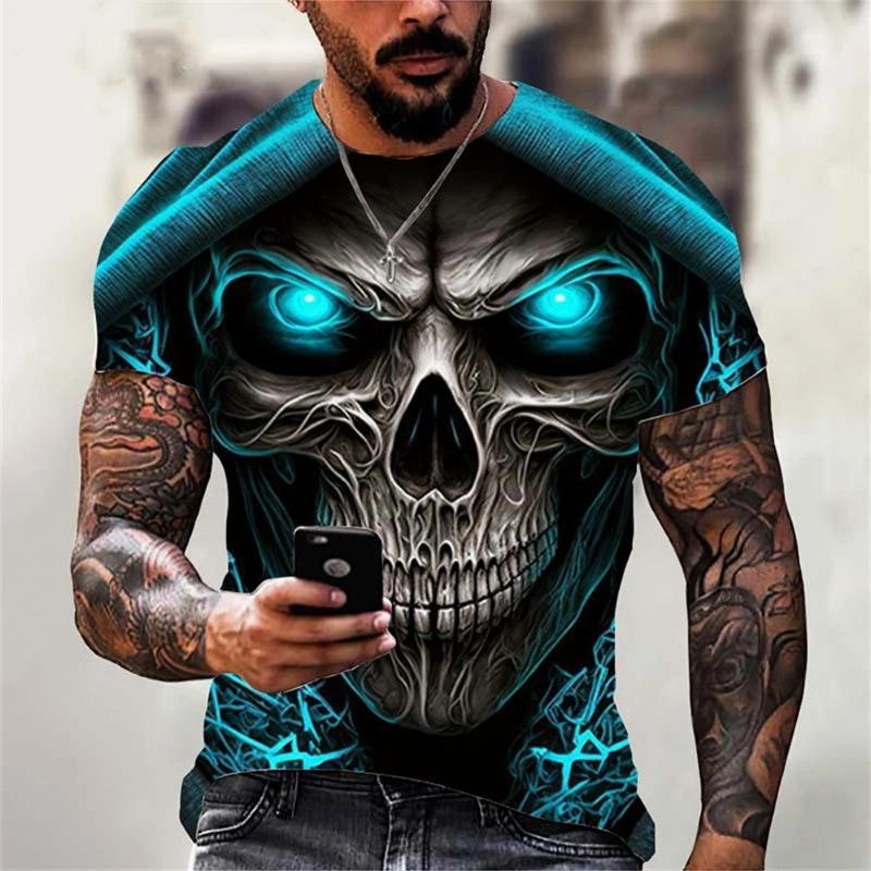 3D Gedrucktes T-Shirt Herren Sommer Vintage Totenkopf Print Oberteile Teufel Kurzarm Mode O-Ausschnitt Street Herren T-Shirts XL