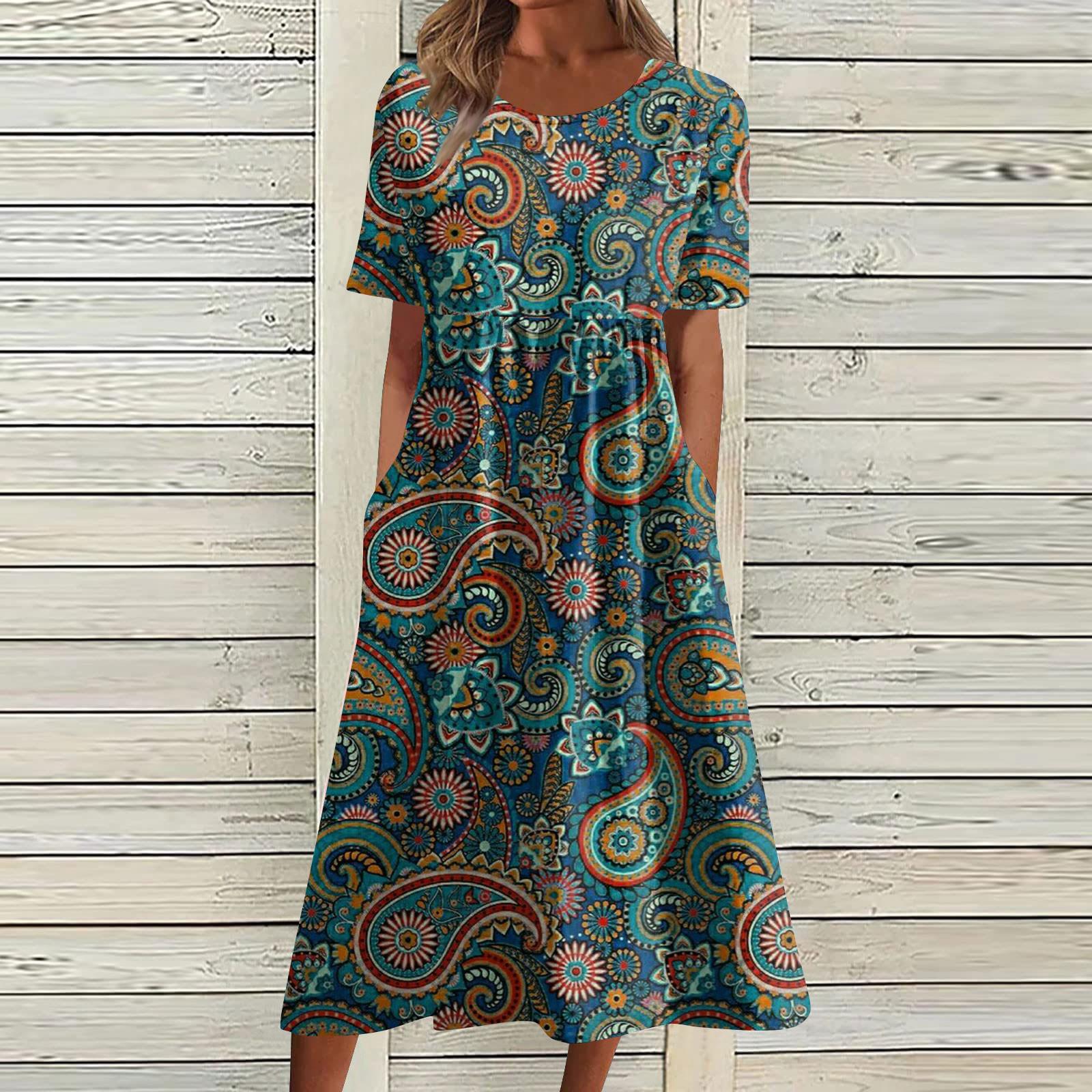 Damen-Freizeitkleider, bedruckte Kleider, Sommerkleider, bedruckt, plissiert, Rundhals-Midi-Kleider, Basic, klassisch, Outdoor, täglich, kurzärmelig, lockere Kleider XXL