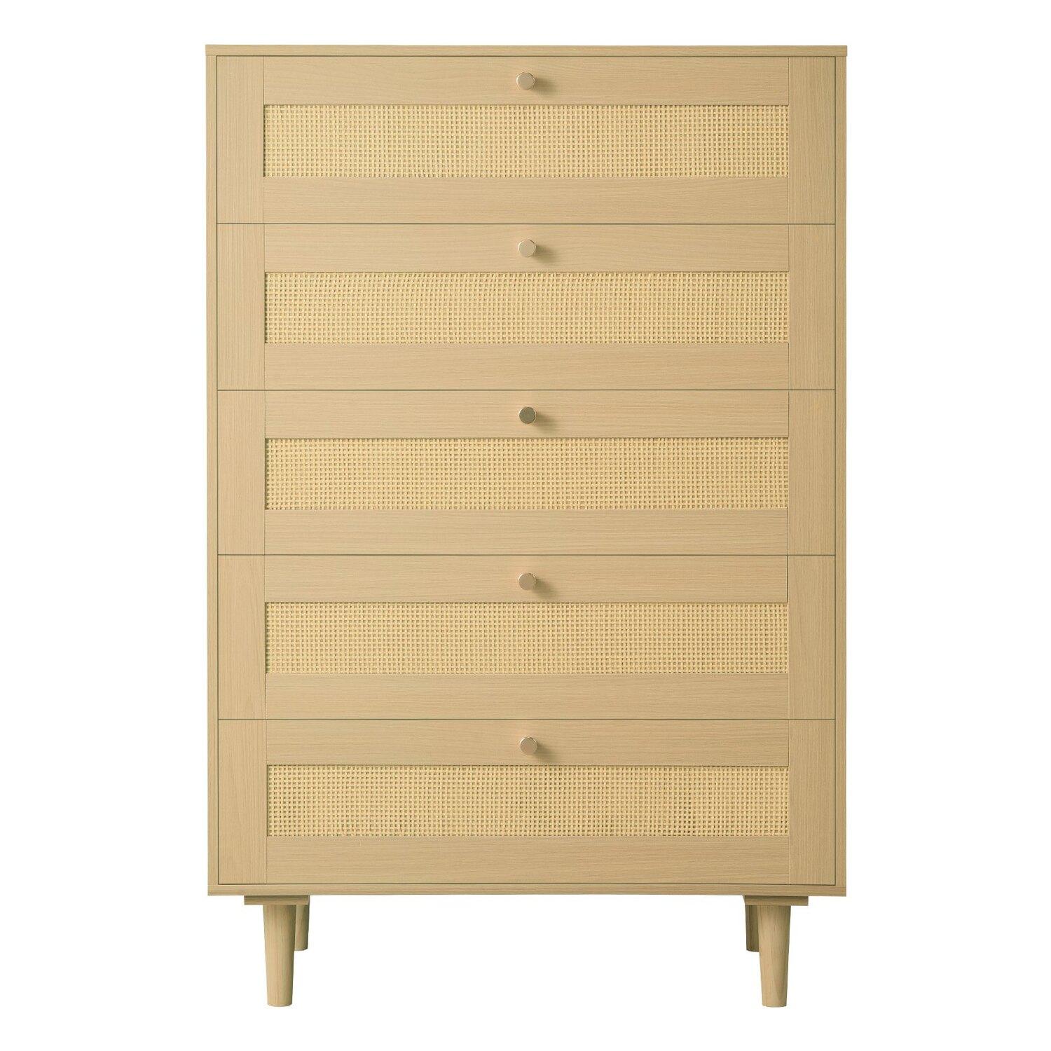 5-Schubladen Rattan Kommode, Moderne Schrankkommode für Schlafzimmer, Natürliche Rattan Kommode mit Metallgriffen & Holzbeinen, Kleideraufbewahrungskommode