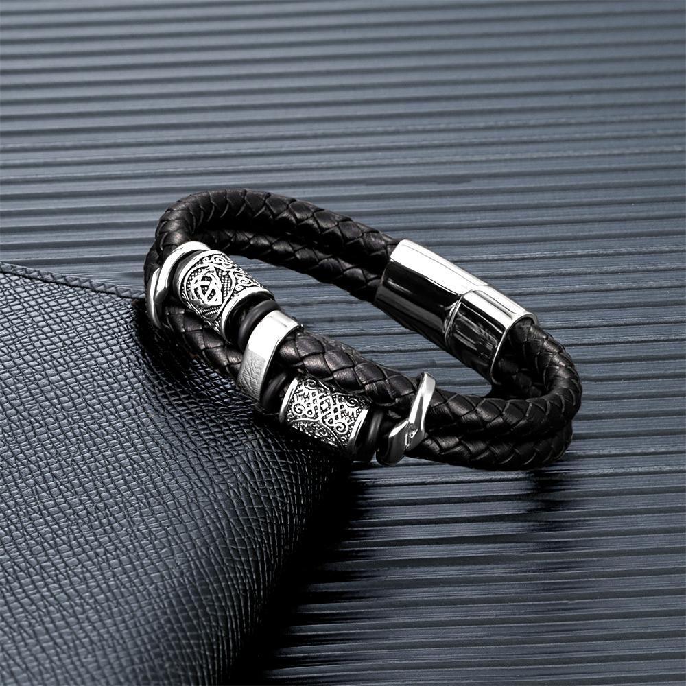 Vintage Wikinger Kompass Mehrschichtiges Echtes Leder Armband Herren Edelstahl Nordische Runen Valknut Armreif Skandinavischer Schmuck 21cm schwarz