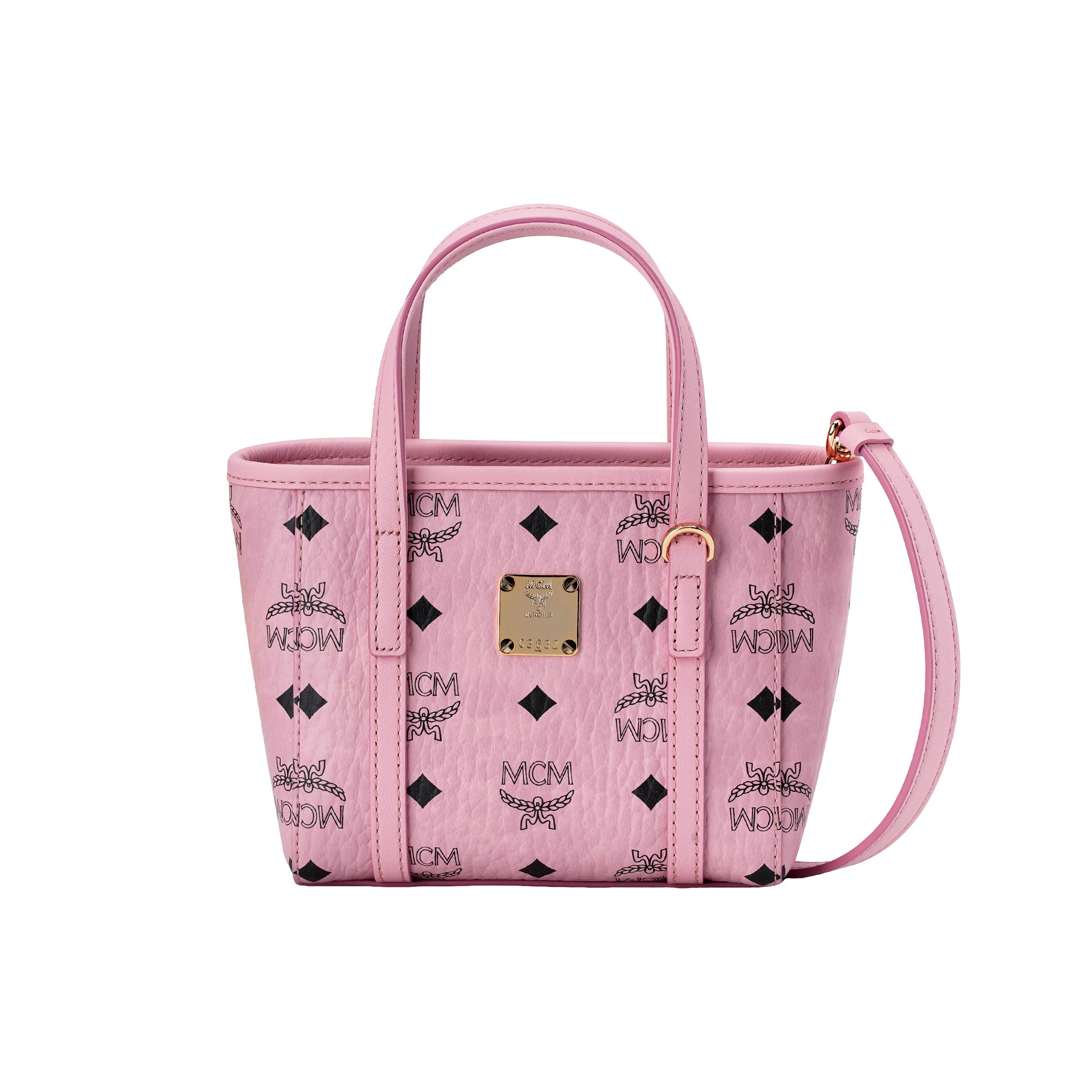 MCM Toni Logo Reißverschluss Leder Tote Einkaufstasche Schulter Crossbody Handtasche Mini Damen Tote Pfirsich-Rosa MWPFSMT03PZ001 Basic Set (Bag+Dust Bag)