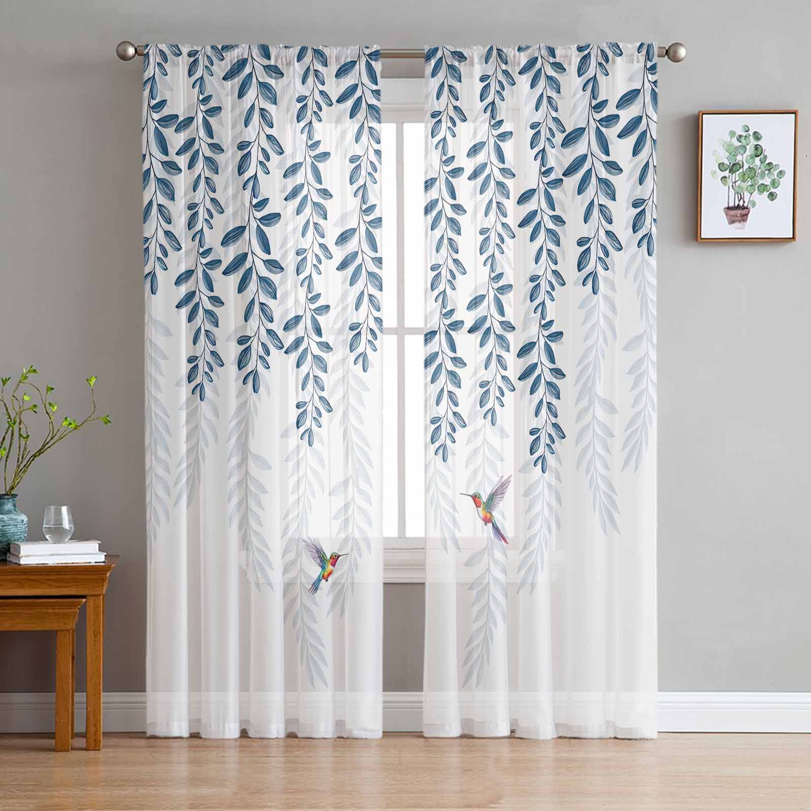 Aquarell Eukalyptusblätter Grün Transparente Vorhänge zur Wohnzimmerdekoration Fenstervorhänge Küchen-Tüll-Voile-Vorhänge W135 x H115cm x1&Grommet Top