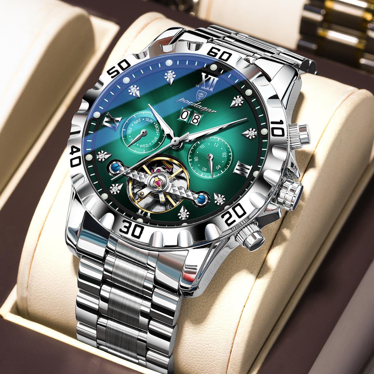POEDAGAR Top Luxus Herrenuhr Automatisch Datum Woche Herren Armbanduhr Hohl Tourbillon Mechanisch Edelstahl Uhren silber/grün