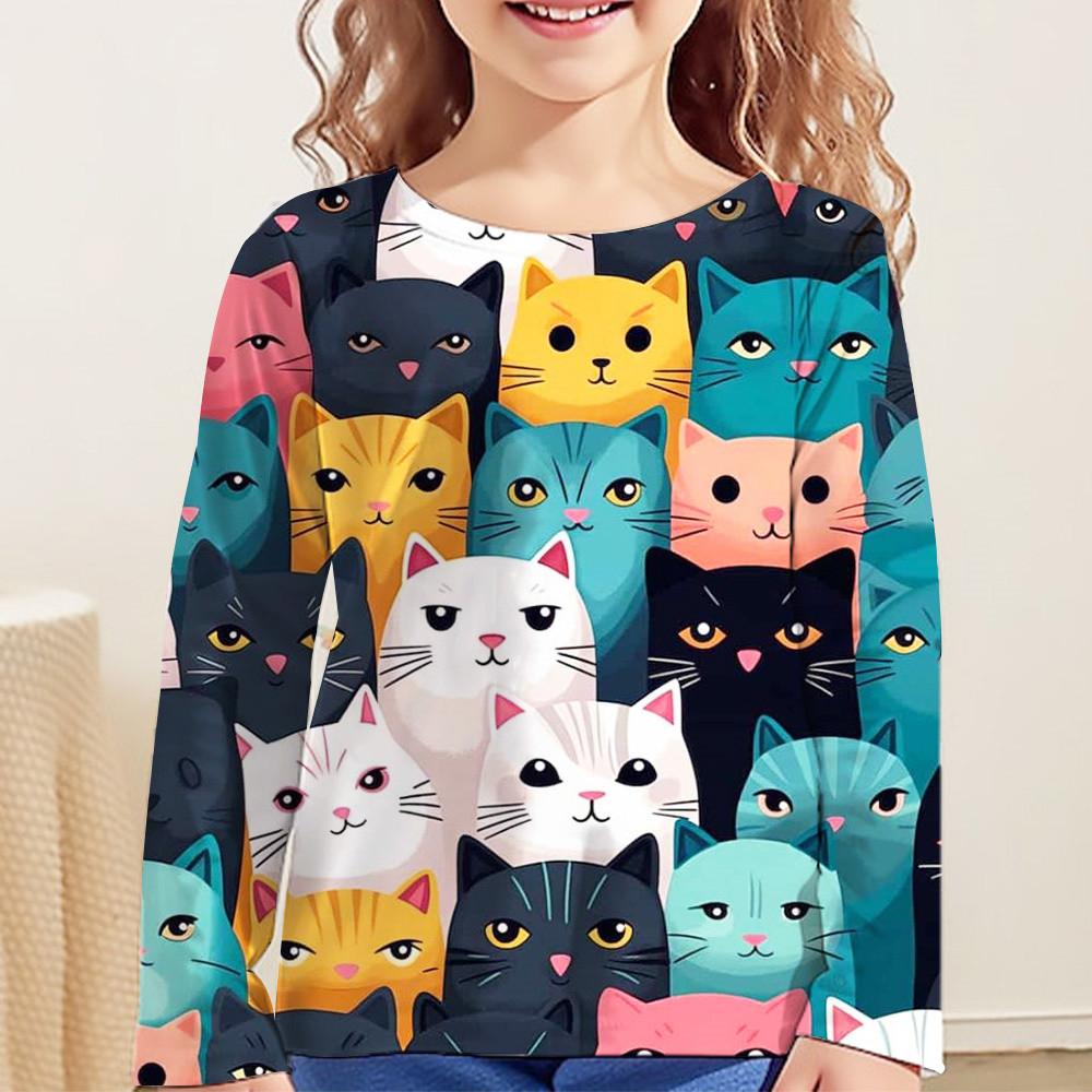 Kinderbekleidung für Mädchen Cartoon T-Shirts für Kinder 2023 Herbst Langarm Teenager 10 Jahre alt Mode Tops Katzen T-Shirt 120 blue