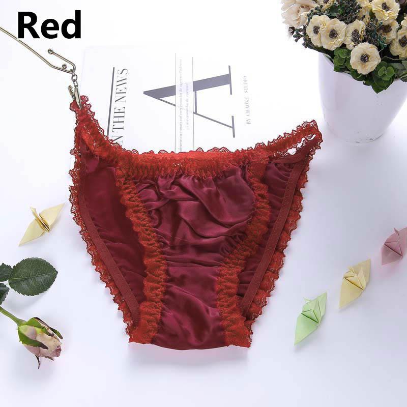 Damenunterwäsche aus weicher Seide, Satin, Seidenhöschen, Dessous, Spitzenhöschen, G-String, Sommer-Slip M rot