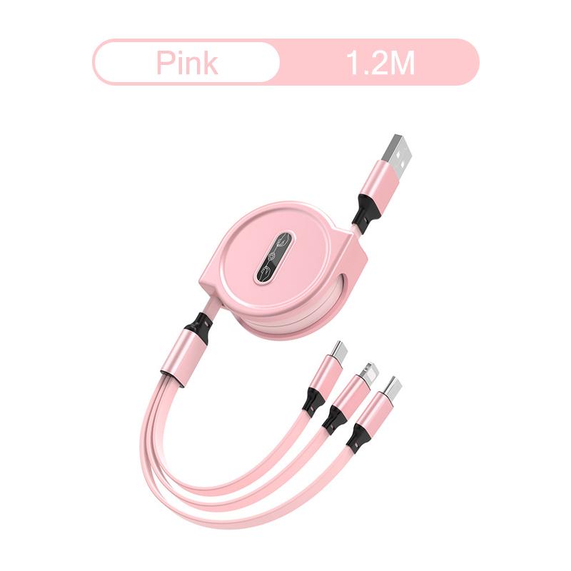3 In 1 Ladekabel Ausziehbares USB-Ladekabel 2,4 A Schnellladung für XiaoMi HuaWei Samsung Tragbares Ladekabel Micro Typ C rosa