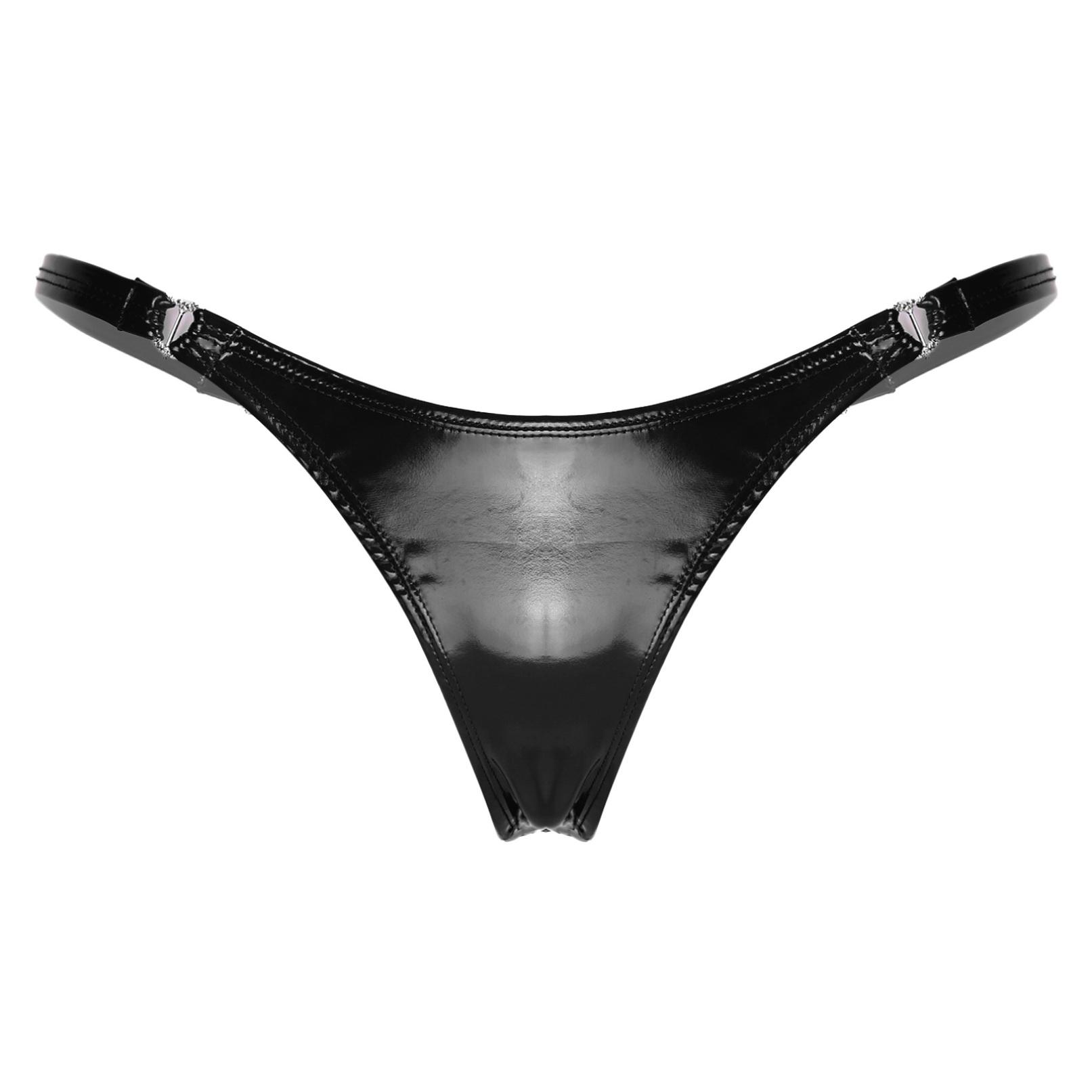 Frauen Sexy Lackleder Höschen Dessous Wet Look Blinkende Low-Rise Kunstleder Unterwäsche G-String Tanga S schwarz