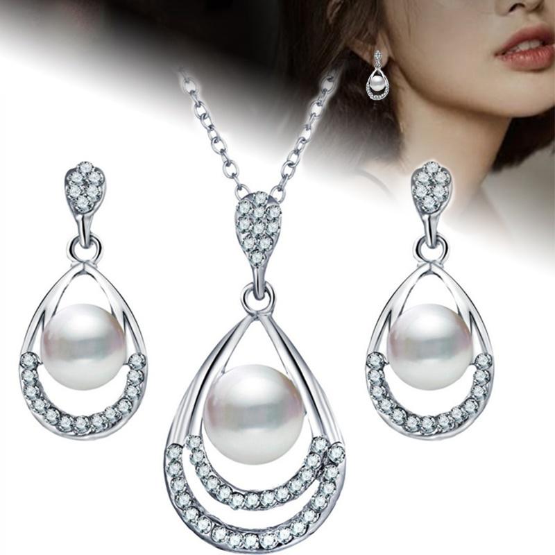 Halskette mit Wassertropfen-Anhänger, Ohrringe, Schmuckset, baumelnde Ohrringe, Geschenk für Hochzeit, Verlobung, Liebhaber, ADM silber