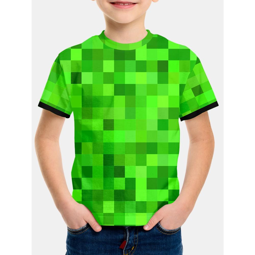 Koreanische Kinderkleidung 2024 Kinderkleidung Grünes Mosaik Kurzarm Kinderkleidung für Jungen Babykleidung für Jungen Tops T-Shirt 150 green