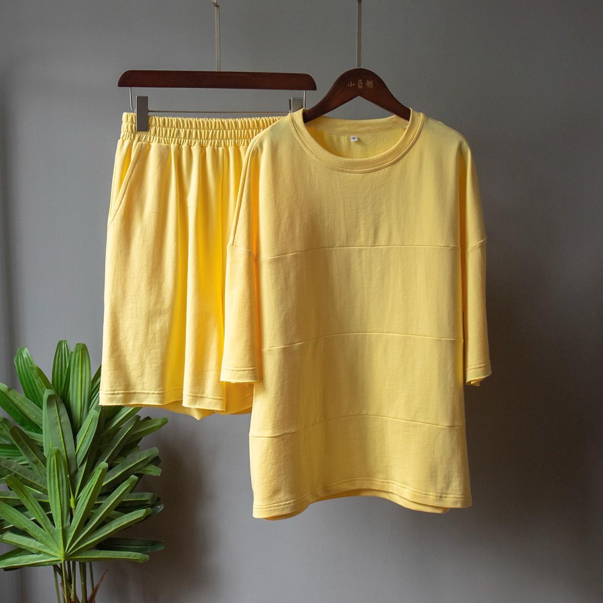 Zweiteiliges Damen-Set mit Halbarm-Shirt, hoher Taille und Kordelzug, große Größe, modische Anzüge M gelb
