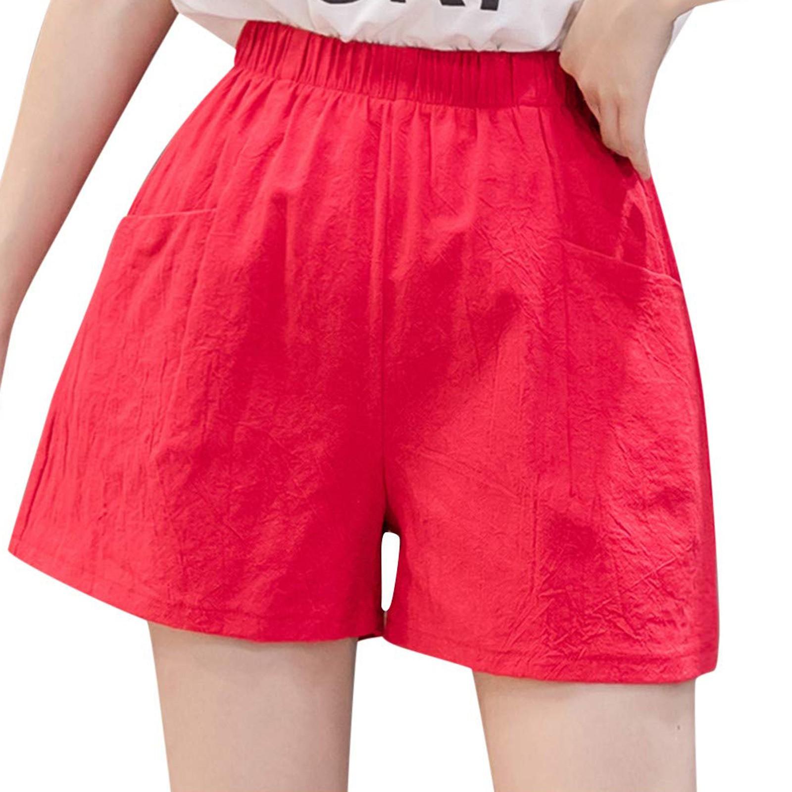 Damen-Shorts, hohe Taille, Kordelzug, knielange Shorts, elastische, bequeme Shorts mit Taschen M rot
