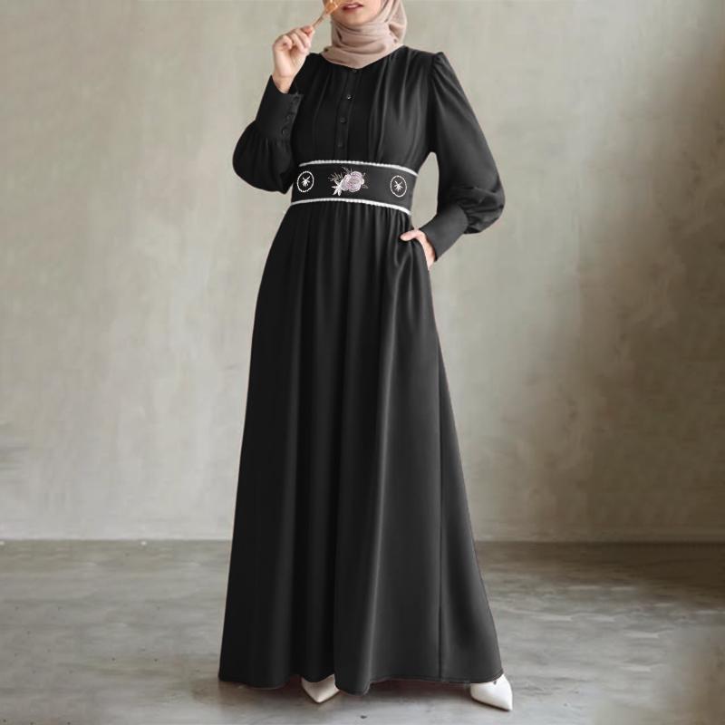 ZANZEA Muslimisches Freizeitkleid für Damen mit Rundhalsausschnitt, langen Ärmeln, lockerem Schnitt und Print 2XL schwarz