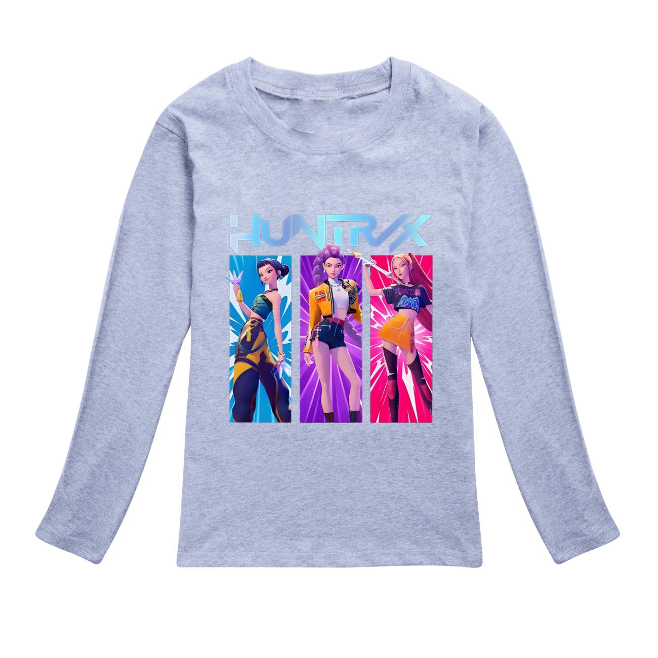 K Pop Dämonenjäger Langarm T-Shirts Rumi Mira Zoey Herbst Kinderbekleidung Niedliche Drucktops Geschenk Kinder Jungen und Mädchen Kinder Unisex T-Shirts 110 graue
