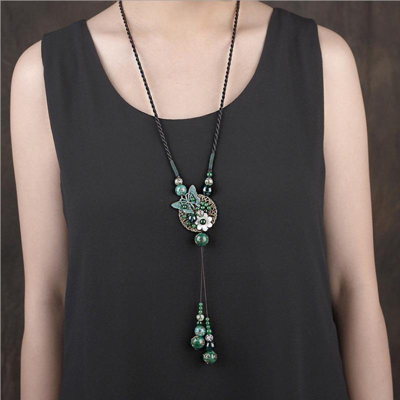 Damen-Halskette mit Anhänger, Retro-Ethno-Stil, lange Jade-Halskette, Pullover-Kette, Lucite-Accessoires, Schmuck-Geschenk 80cm