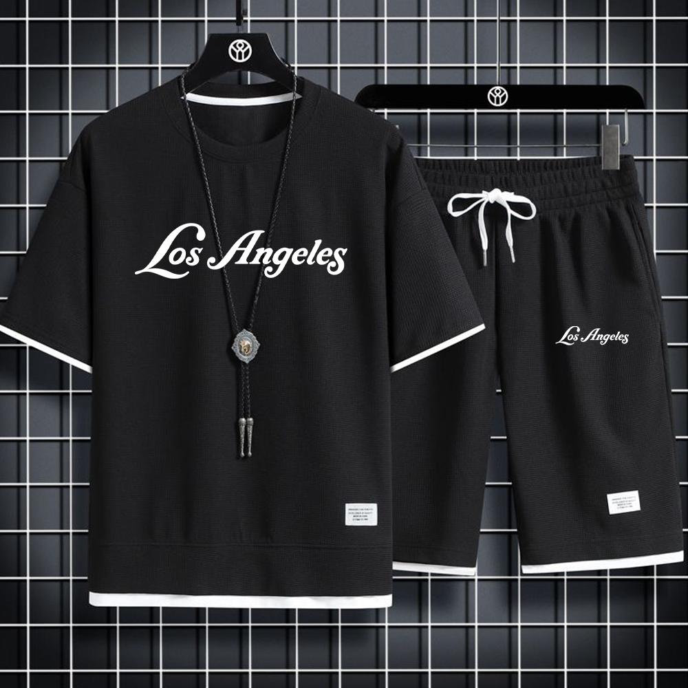 Los Angeles T-Shirt und Sportshorts Set Sportset Herrenanzug Sommer Herrenanzug Sommer Einfach und Lässig Waffel Kurzarm L
